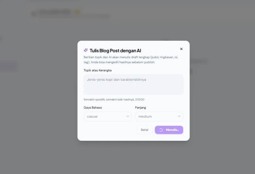 Dialog pembuatan artikel AI