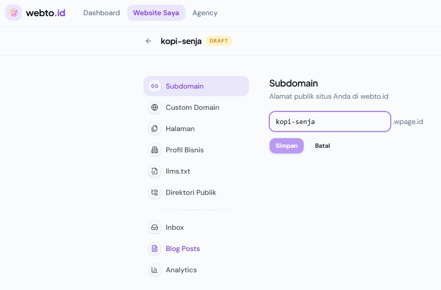 Pengaturan subdomain di halaman Domain