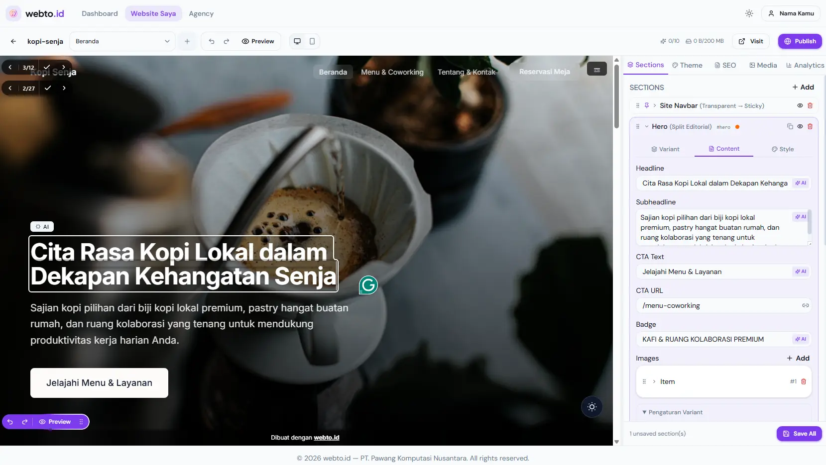 Edit teks inline di pratinjau