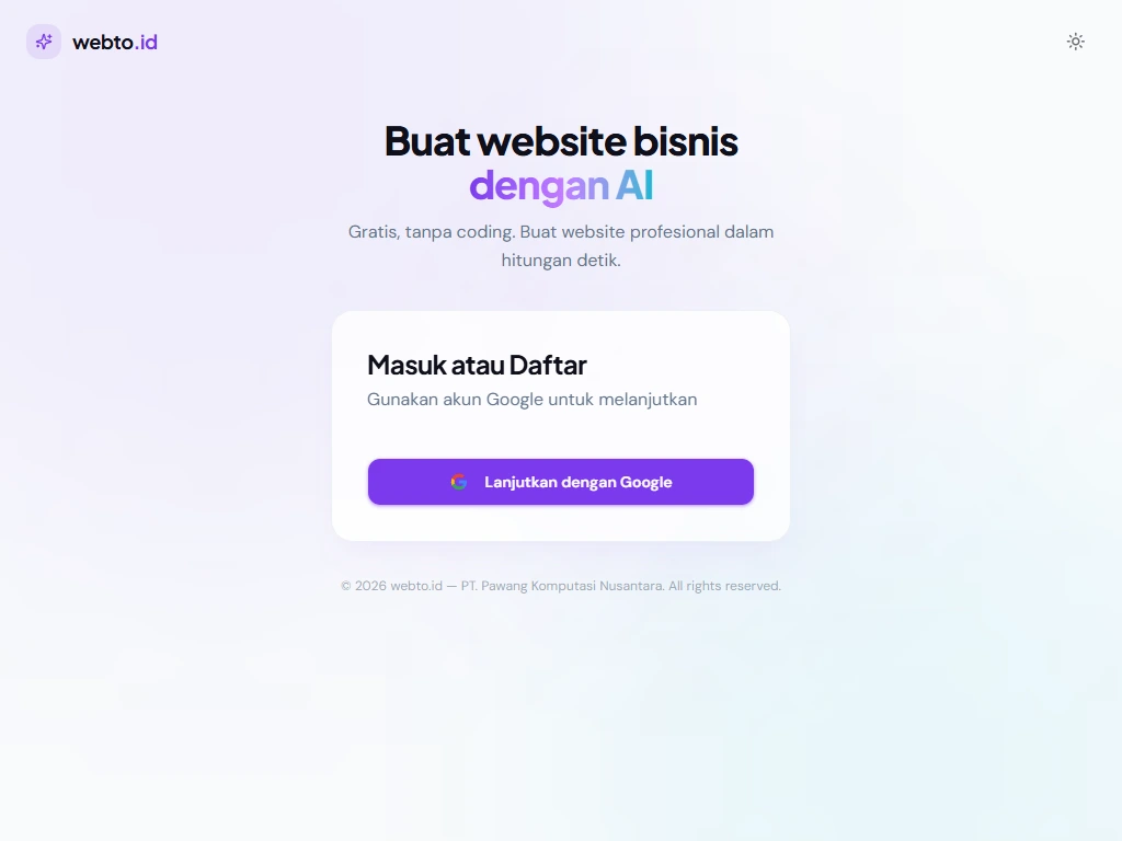 Halaman login Webto dengan tombol Masuk dengan Google