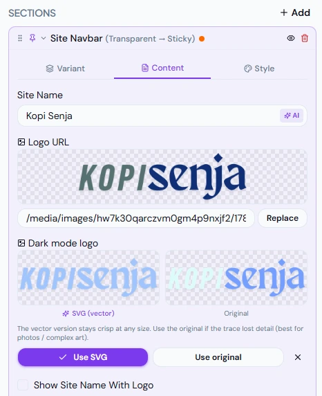 Pengunggah logo dengan pratinjau hasil vektorisasi