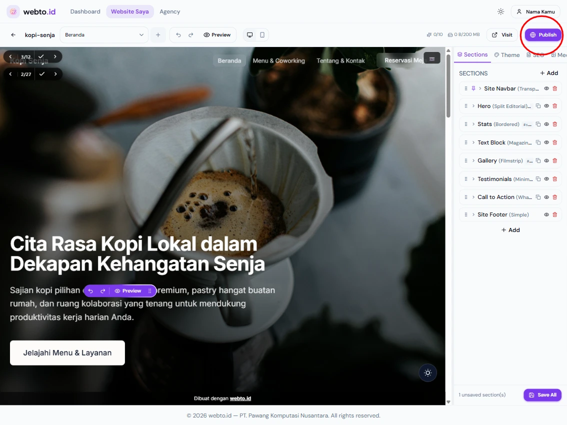Tombol Publish di editor