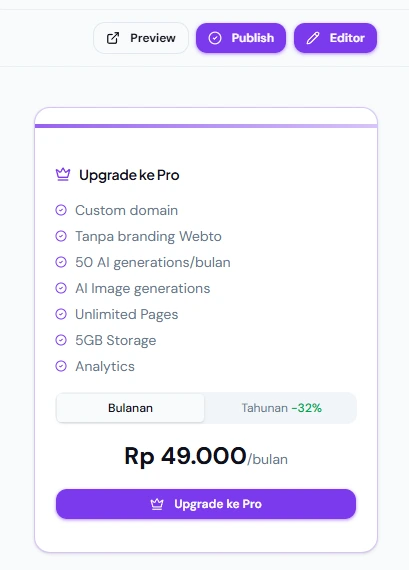Pilihan paket saat upgrade
