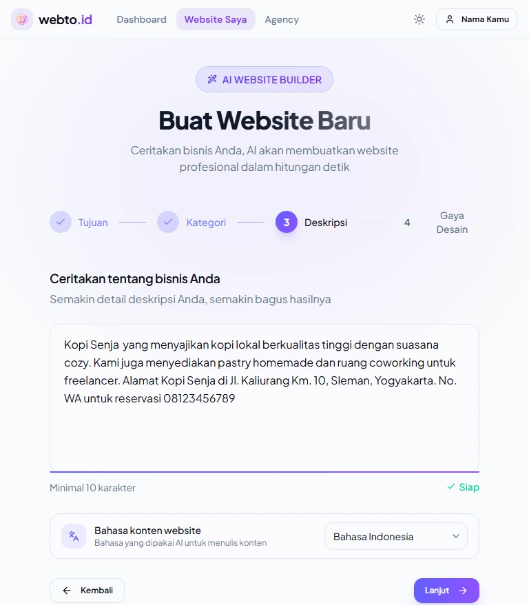 Wizard langkah deskripsi dan pilihan bahasa