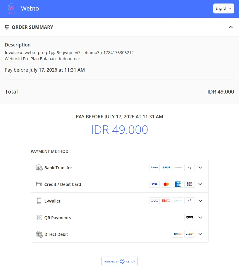 Halaman pembayaran Xendit